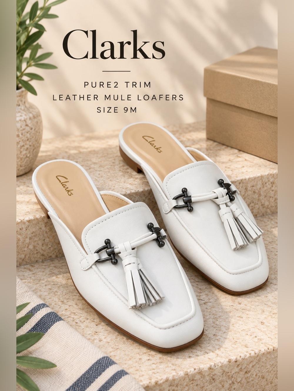 Clarks Pure2 Trim White Leather Tassel Mule Loafers US 9M NIB